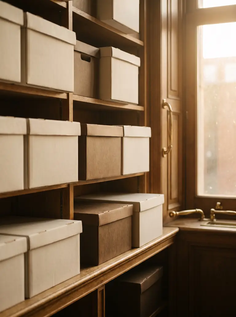 Archive boxes on an office shelf