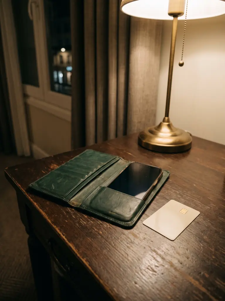 Empty travel wallet and phone on a hotel desk